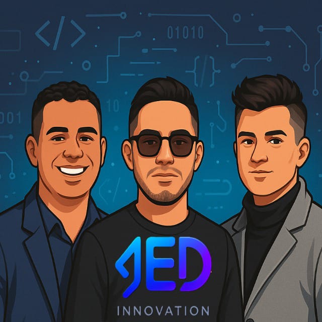 Ilustración de los tres socios de JED Innovation con el logo de la empresa